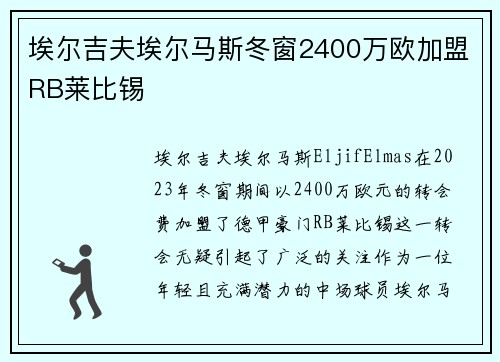 埃尔吉夫埃尔马斯冬窗2400万欧加盟RB莱比锡 埃尔吉夫埃尔马斯冬窗2400万欧加盟RB莱比锡